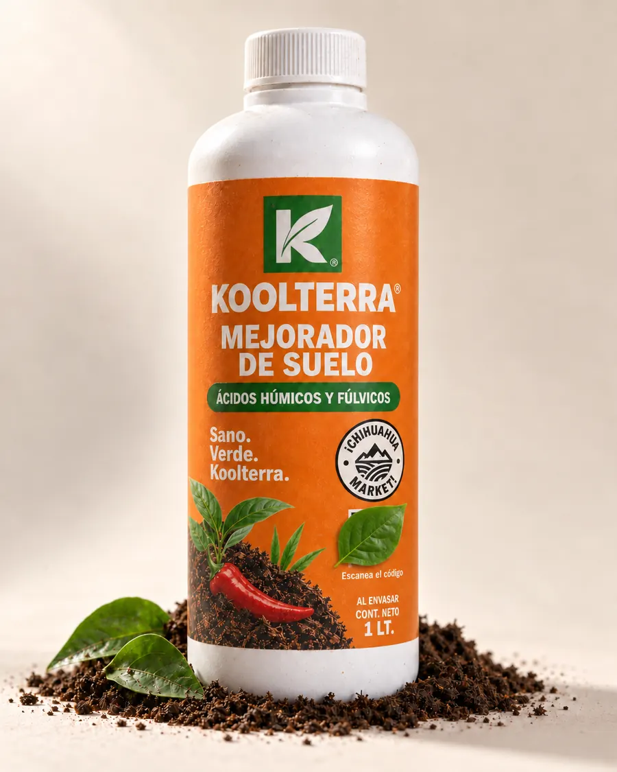Botella de un litro de mejorador de suelo Koolterra con ácidos húmicos y fúlvicos en Chihuahua