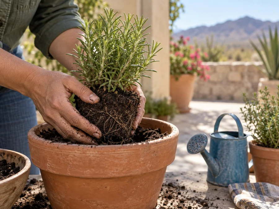Trasplante de una planta aromática con cepellón en un jardín de Chihuahua