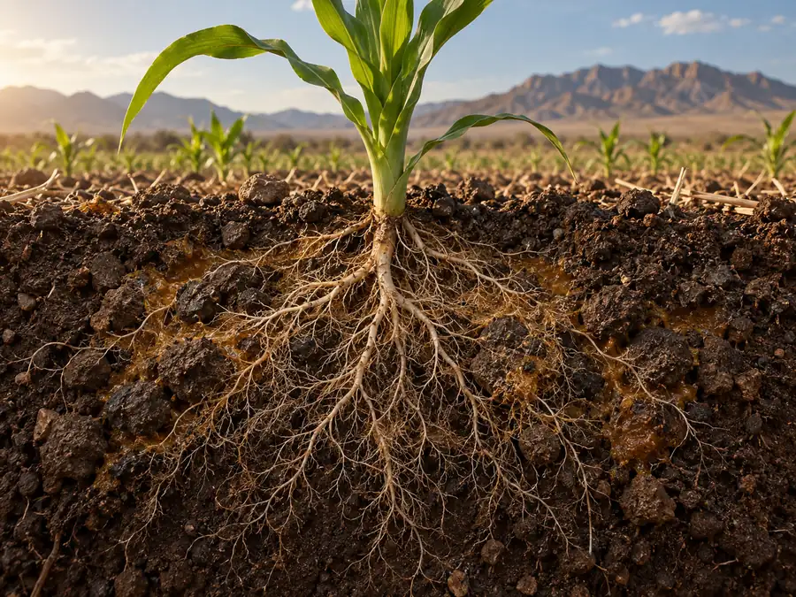 Raíces creciendo en suelo con materia orgánica y sustancias húmicas en Chihuahua