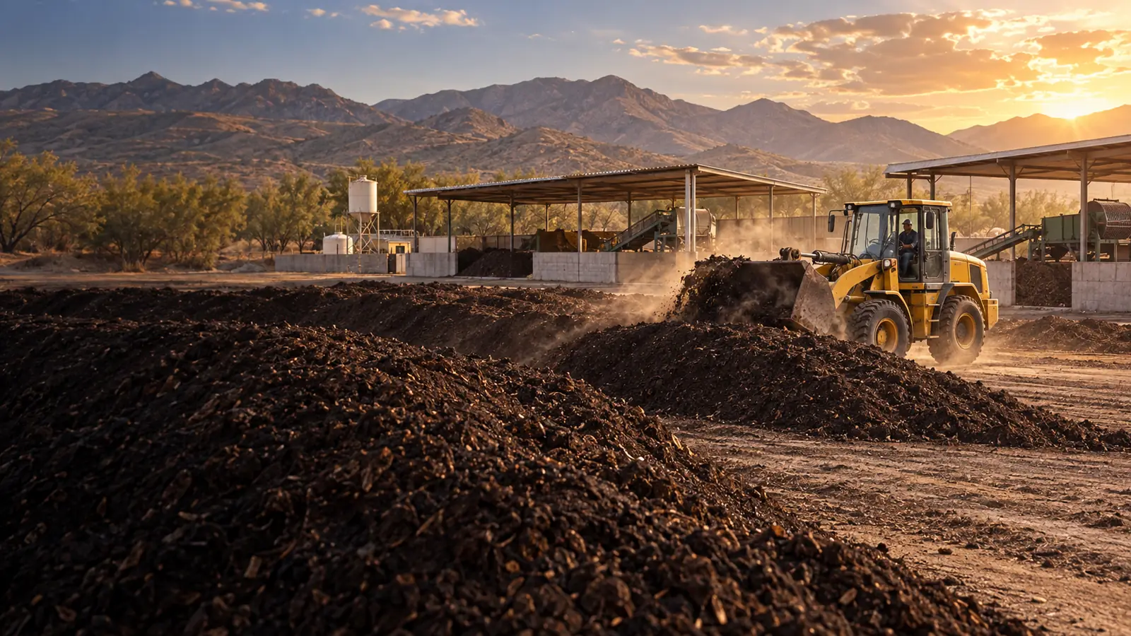 Recreación de composta a granel y maquinaria en una planta de Chihuahua