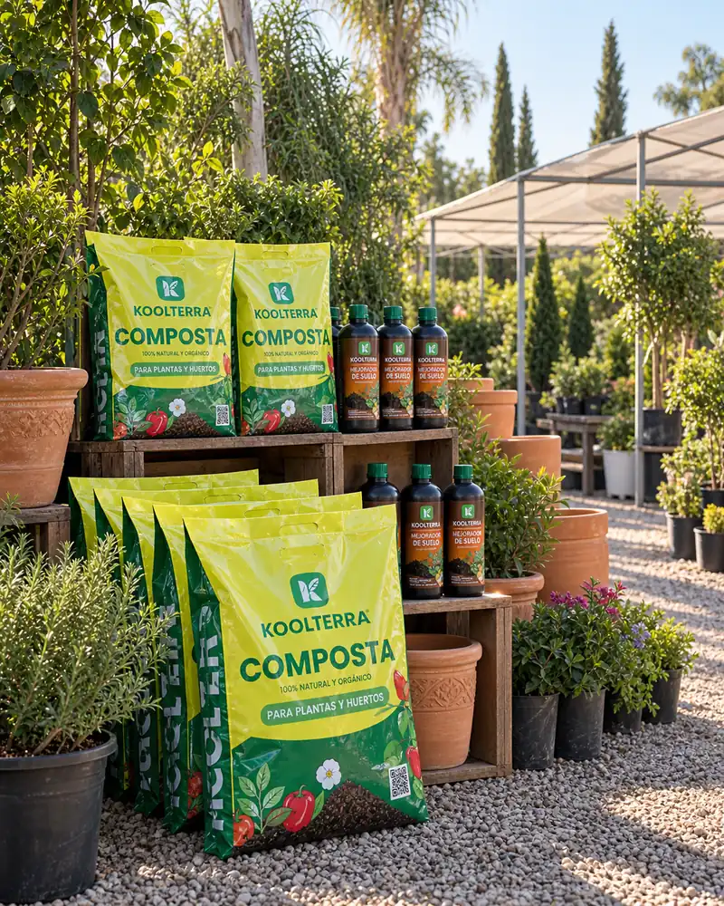 Recreación de productos Koolterra acomodados en un vivero de Chihuahua