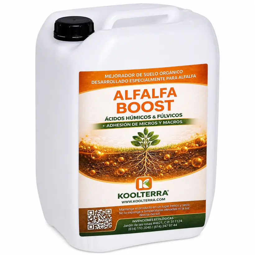 Garrafa de 20 litros de Alfalfa Boost, fertilizante líquido para alfalfa hecho en Chihuahua