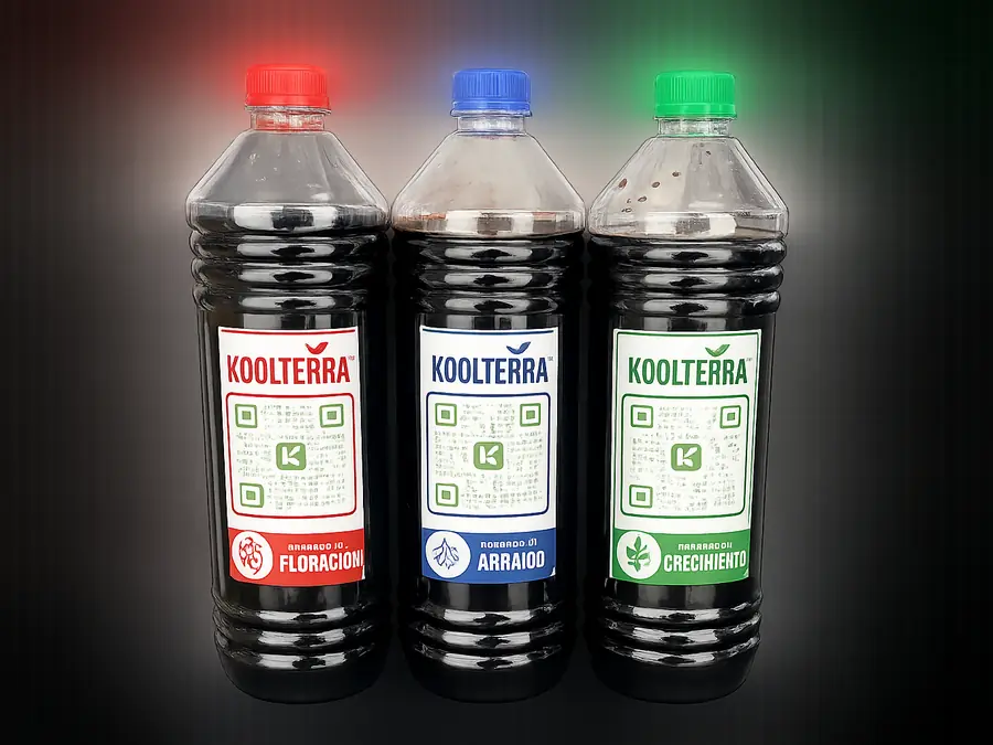 Botellas de 1 litro de Arraigo, Crecimiento y Floración, fertilizante para plantas de Koolterra