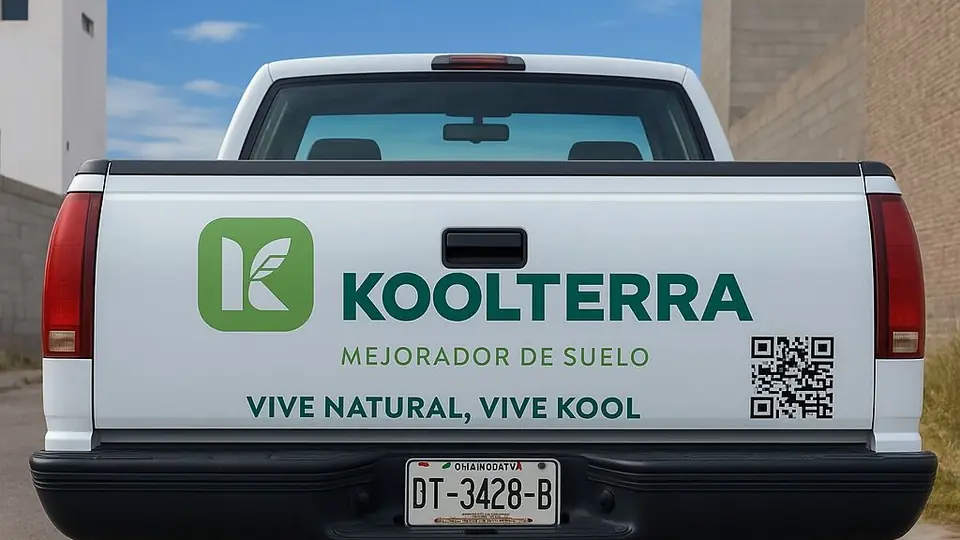 Camioneta de Koolterra afuera de la planta en Granjas Universitarias, Chihuahua