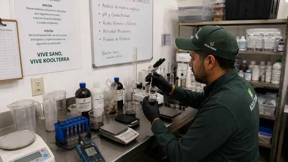 Análisis de ácidos húmicos y fúlvicos en el laboratorio de Koolterra en Chihuahua