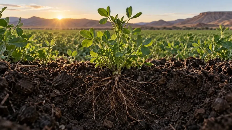 Raíz de una planta extendida en un suelo con materia orgánica, con el cultivo verde y la sierra al fondo